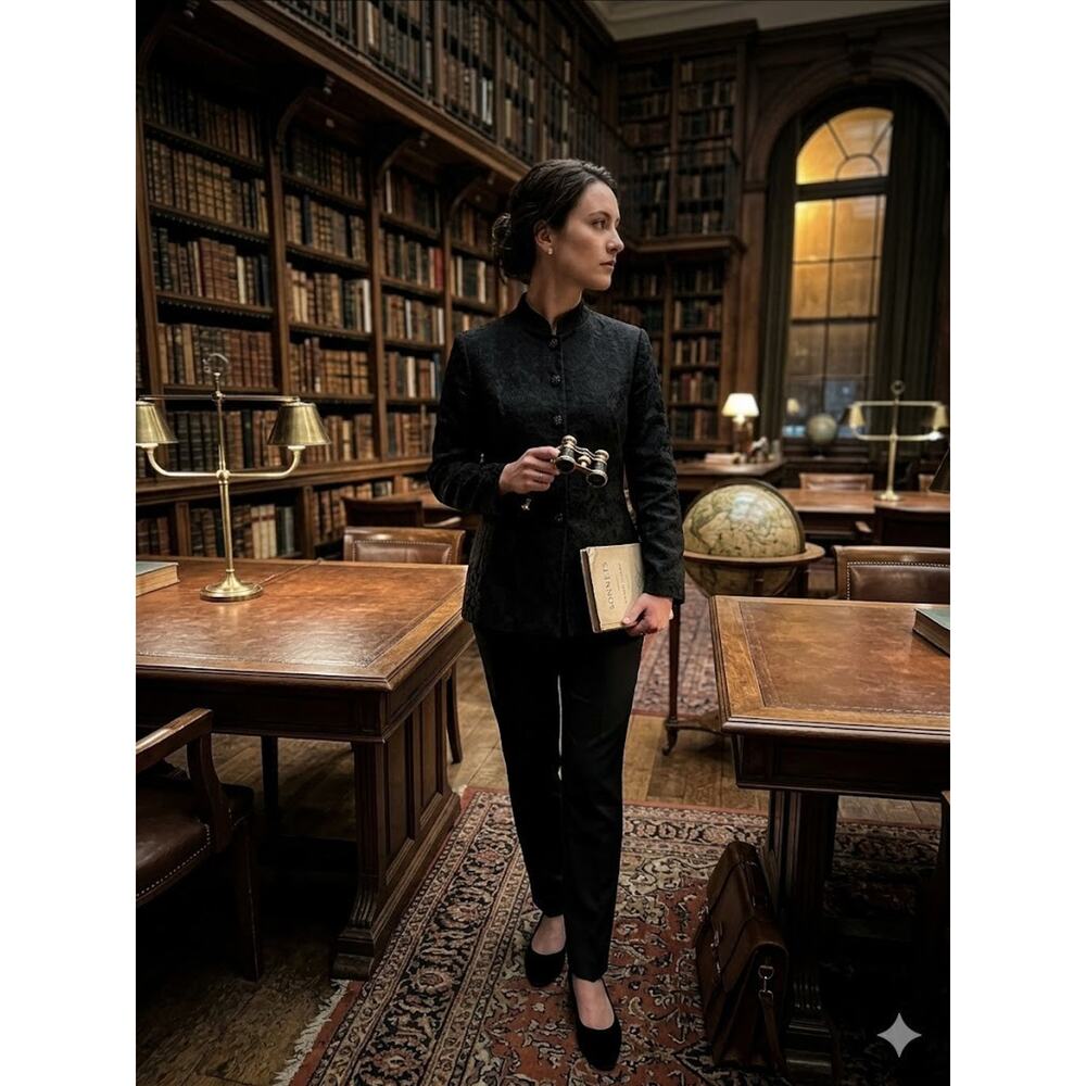 Tahari Vintage Black Damask Mandarin Collar Jacket Goth Dark Academia‎